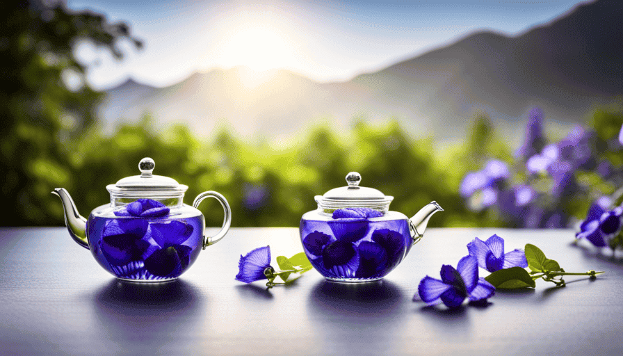 An image showcasing a vibrant tea set filled with steaming cups of mesmerizing blue Butterfly Pea Flower Tea