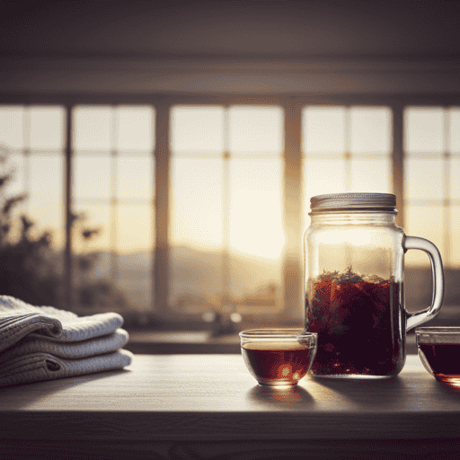 An image of a serene and inviting kitchen counter with a glass jar filled with vibrant herbal tea concentrate, surrounded by a variety of delicate teacups and a timer, symbolizing the question of how frequently one can indulge in this delightful beverage