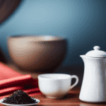 An image showcasing a serene, minimalist kitchen counter adorned with a delicate porcelain tea set, displaying freshly brewed oolong tea in a dainty cup, surrounded by a tapestry of vibrant, aromatic tea leaves