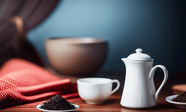 An image showcasing a serene, minimalist kitchen counter adorned with a delicate porcelain tea set, displaying freshly brewed oolong tea in a dainty cup, surrounded by a tapestry of vibrant, aromatic tea leaves