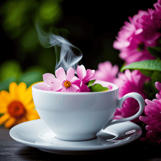 An image of a delicate teacup resting on a saucer, surrounded by vibrant blossoms