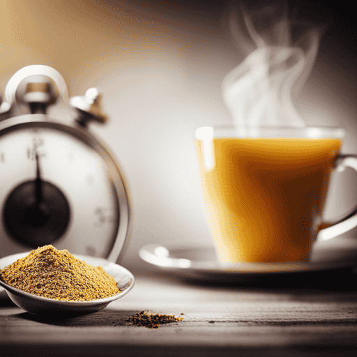 An image depicting a serene cup of golden turmeric tea, steam gently rising from its surface