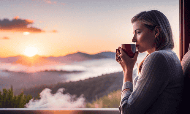 An image capturing the essence of a tranquil morning scene, with a person holding a warm cup of rooibos tea, steam gently rising, sunlight filtering through a window, enveloped in a serene ambiance