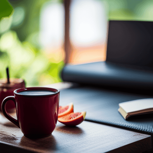 An image of a serene morning scene with a cup of steaming Yogi Detox Tea placed on a wooden table, surrounded by fresh fruits, a yoga mat, and a journal, evoking a peaceful ambiance for the blog post