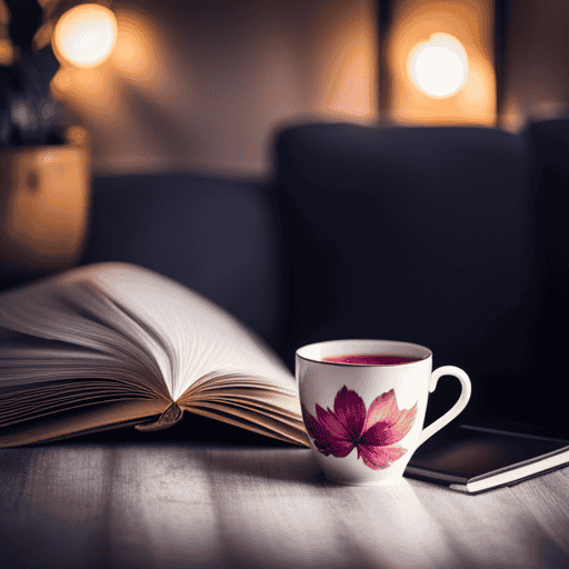 An image of a serene nighttime scene with a cup of Herbal Essences Sleepy Time Detox tea gently steaming beside a cozy book nook, inviting readers to unwind and enjoy a moment of relaxation