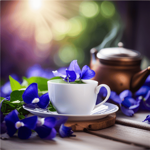 An image showcasing a serene morning scene with a delicate cup of vibrant blue Butterfly Pea Flower Tea resting on a wooden table, surrounded by fresh flowers and a steaming teapot