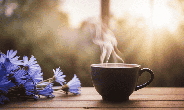 An image that showcases a serene morning scene with a steaming cup of chicory root tea placed on a wooden table, surrounded by delicate dried chicory flowers, evoking a sense of calmness and inviting readers to explore the frequency of enjoying this herbal beverage