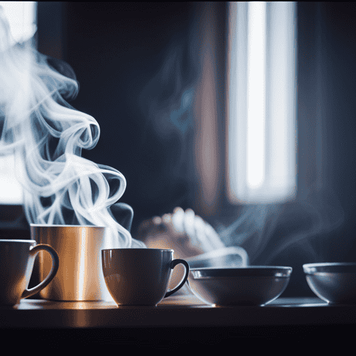 An image with a soothing ambiance, featuring a person sitting in a cozy corner, surrounded by an assortment of steaming herbal tea cups, as wisps of steam gently rise, symbolizing relief for lung and throat symptoms