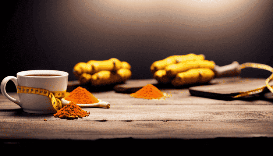 An image showcasing a serene morning scene with a wooden table adorned with a cup of steaming turmeric tea, surrounded by fresh turmeric roots, lemon slices, and a tape measure, symbolizing the topic of weight loss