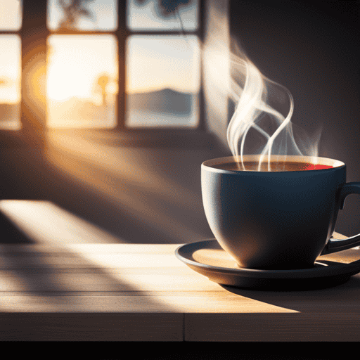 An image showcasing a serene morning scene with a steaming cup of Yogi Detox Tea on a wooden table