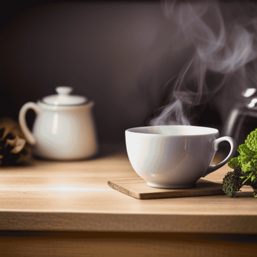 An image featuring a serene, sunlit kitchen counter adorned with a delicate porcelain teacup filled with steaming Yogi Detox Tea, accompanied by a rustic wooden timer set to 15 minutes, emphasizing the ideal frequency for savoring this revitalizing beverage