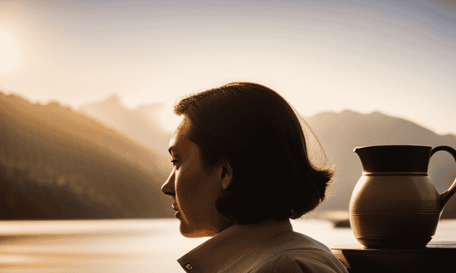 An image showcasing a serene, sun-drenched setting with a person peacefully sipping a steaming cup of oolong green tea