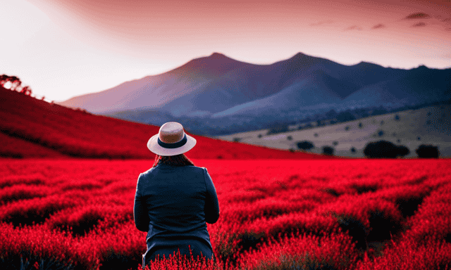 An image showcasing a serene sunset on a vast Rooibos plantation, with vibrant crimson bushes stretching towards the horizon