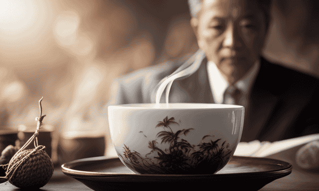 An image capturing the sensory journey of savoring Oolong tea: swirling wisps of steam dancing above a delicate porcelain cup, golden liquor cascading through a gaiwan's tea leaves, and a connoisseur's focused expression, immersed in the complex flavors