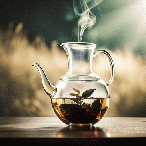 An image showcasing the intricate inner workings of the electronic one-cup herbal tea pot, capturing the precise movement of steam swirling in the transparent teapot, surrounded by delicate tea leaves and a perfectly steeped brew