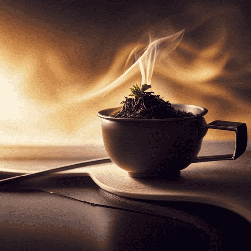 An image showcasing a softly simmering pot of tea, with delicate swirls of steam rising from a fragrant blend of vibrant marijuana flower and water