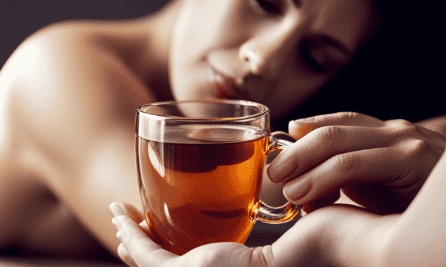 An image showcasing a serene scene of a person gently applying a soothing, warm Rooibos tea-infused compress onto their glowing skin, evoking a soothing ambiance and emphasizing the rejuvenating benefits of this natural skincare remedy