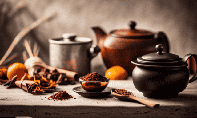 An image of a rustic wooden table with a collection of vibrant dried botanicals, including rooibos leaves, cinnamon sticks, orange peel, and cloves, alongside a mortar and pestle, a tea infuser, and a ceramic teapot