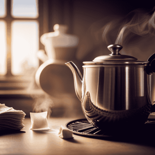 An image that showcases a serene kitchen scene: A steaming teapot on a stove, herbal tea bags scattered nearby, a timer ticking, and delicate wisps of steam rising from the teacup, inviting readers to learn the art of boiling herbal tea from the pack