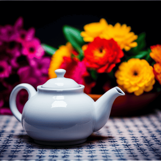 An image of a delicate ceramic teapot, adorned with vibrant flowers and filled with steaming herbal tea