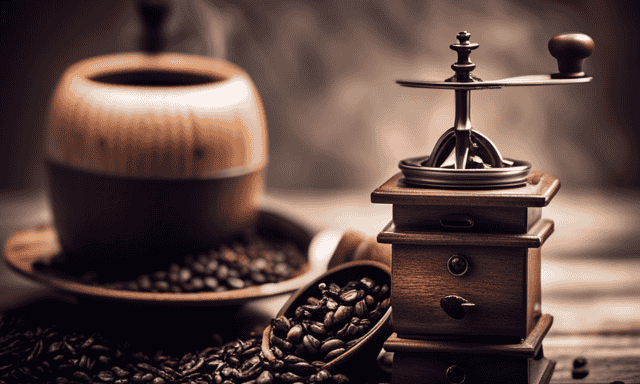An image that showcases a rustic, wooden coffee grinder with a handle, filled with freshly ground chicory root
