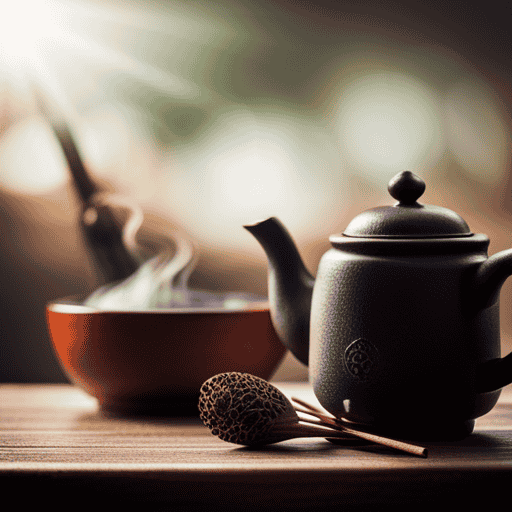 An image showcasing a serene setting with a traditional Chinese teapot atop a low wooden table, surrounded by various dried herbs, a mortar and pestle, and a steaming cup of fragrant herbal tea