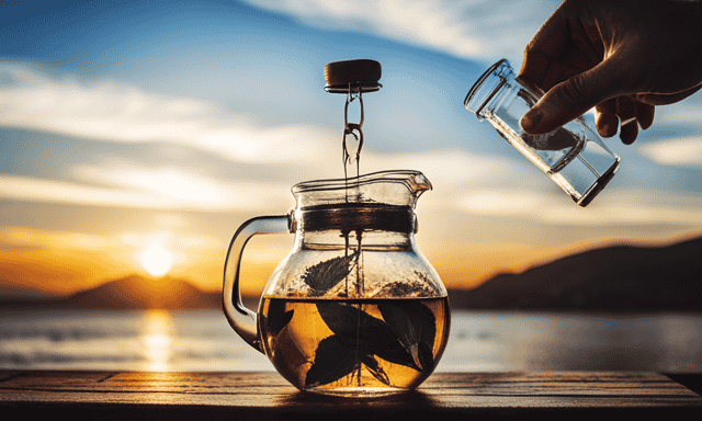 An image capturing the process of brewing cold yerba mate tea: A glass pitcher filled with ice cubes, as green yerba mate leaves slowly descend and infuse in cold water, releasing their rich flavor and vibrant hue
