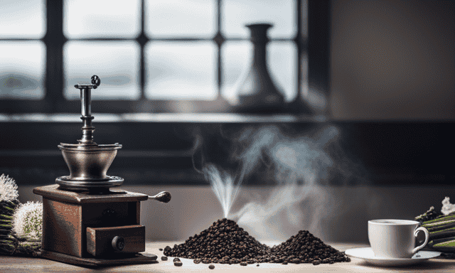 An image that showcases a rustic kitchen scene with a vintage coffee grinder on a wooden countertop, dandelion roots and chicory plants neatly arranged nearby, and a steaming cup of rich, dark dandelion root and chicory coffee in a ceramic mug