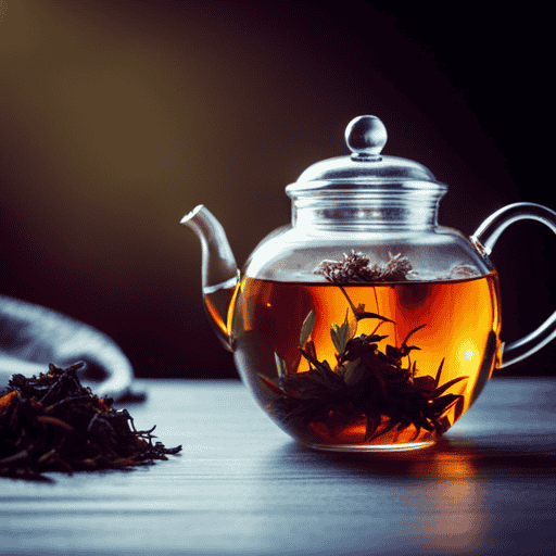 An image showcasing a serene tea brewing scene: a delicate glass teapot with vibrant dried flower tea leaves gently unfurling, as wisps of aromatic steam rise, surrounded by a tranquil setting