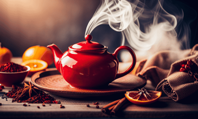 An image showcasing a vibrant red teapot pouring steaming rooibos tea into a delicate teacup, surrounded by fresh ingredients like vanilla pods, cinnamon sticks, and orange slices