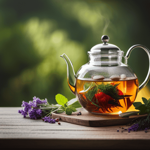 An image capturing the serene moment of a delicate teapot pouring steaming water over a vibrant assortment of fresh herbs, releasing aromatic wisps as they infuse, inviting readers to explore the art of brewing flavorful herbal tea