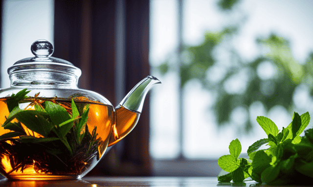 An image showing a serene kitchen scene: a glass teapot filled with vibrant green rooibos leaves, steam swirling above, as a delicate porcelain cup awaits, accompanied by a slice of lemon and a sprig of fresh mint