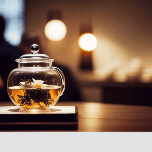 An image capturing the serene ambiance of a Teavana store, showcasing a skilled teaologist expertly brewing herbal tea