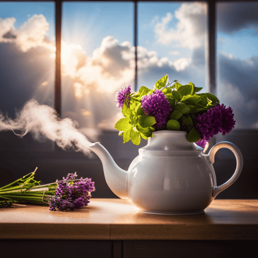 An image of a serene kitchen scene: a delicate teapot being gently poured over a vibrant bouquet of fresh herbs, releasing billowing clouds of aromatic steam, as sunlight filters through a nearby window