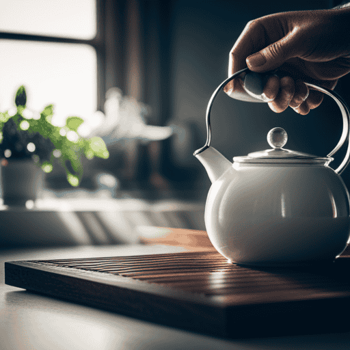An image showcasing a serene kitchen scene, with a kettle gently steaming on a stovetop, herbal tea leaves gracefully floating in a glass teapot, and a hand reaching out to pour the brewed tea into a delicate porcelain cup