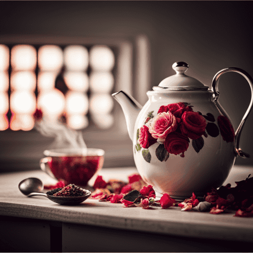 An image of a serene kitchen scene: a delicate porcelain teapot filled with vibrant rose petals, surrounded by an assortment of dried herbs, an infuser spoon, and a steaming cup of herbal tea, emanating a soothing aroma