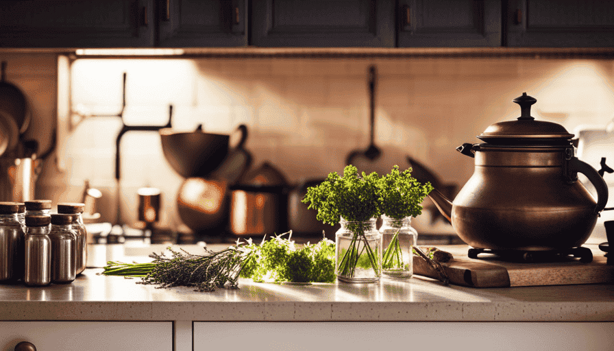 An image of a serene, sunlit kitchen with a rustic wooden countertop adorned with an array of vibrant, aromatic herbs in glass jars