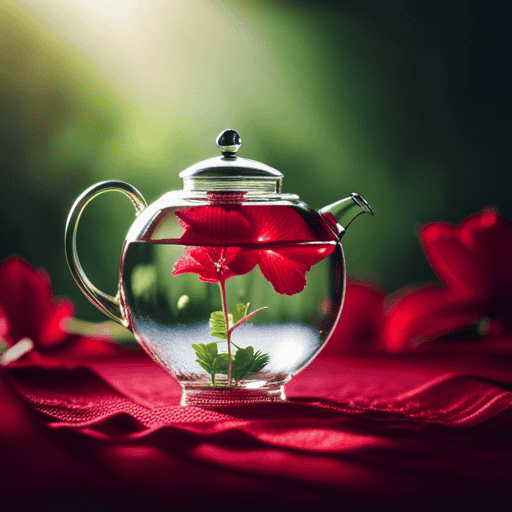 An image of a glass teapot with boiling water, delicately pouring over vibrant crimson hibiscus flowers