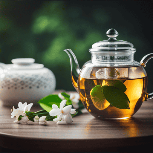 An image featuring a delicate glass teapot, filled with steaming water infused with blooming jasmine flowers