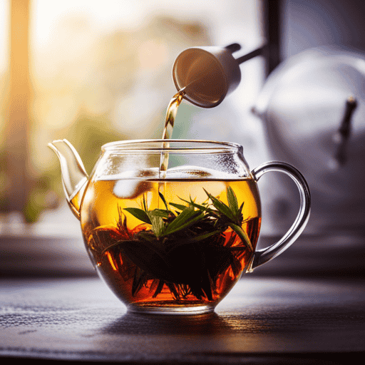 An image capturing the serene ritual of brewing loose herbal tea: a delicate teapot pouring steaming water onto vibrant, aromatic herbs in a clear glass teacup, with sunlight filtering through a nearby window