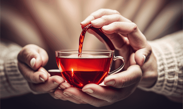 An image featuring a pair of delicate hands gracefully holding a vibrant red teapot, pouring hot water into a glass teacup