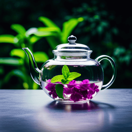 -up shot of a clear glass teapot filled with gently simmering water, surrounded by vibrant green mint leaves and delicate purple flower petals floating gracefully on the surface