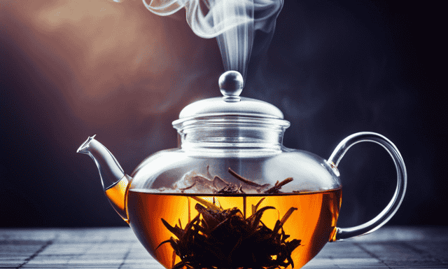 An image showcasing a serene scene of a glass teapot with steam rising, filled with vibrant oolong tea leaves unfurling in hot water