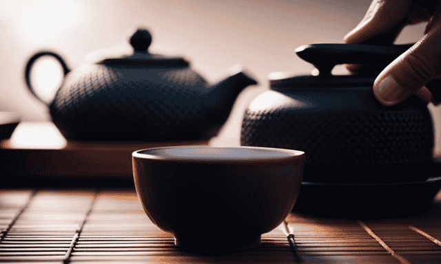 An image showcasing a serene tea ceremony: a traditional Chinese tea set, a steaming teapot pouring hot oolong tea into delicate cups, surrounded by fresh tea leaves and a mindful practitioner