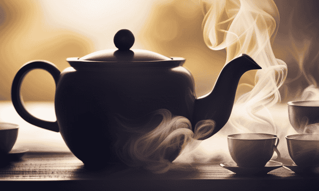 An image capturing a serene moment as steam rises from a teapot, releasing aromatic jasmine and oolong tea leaves, swirling in golden hues, while delicate tea cups wait patiently to be filled