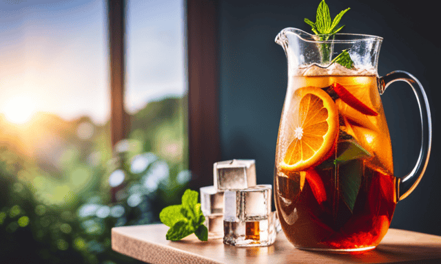 An image showcasing a tall glass pitcher filled with refreshing iced Rooibos tea, infused with vibrant orange slices and sprigs of fresh mint, beautifully garnished with ice cubes against a backdrop of lush greenery