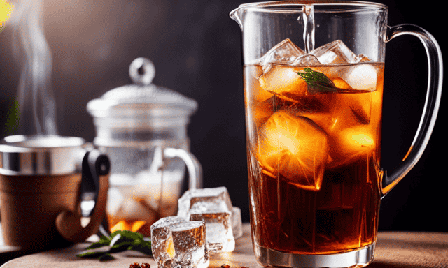 An image showcasing the step-by-step process of brewing refreshing Rooibos iced tea: a glass pitcher filled with ice cubes, hot water being poured over the tea leaves, a timer, infused tea being poured over a tall glass filled with more ice cubes