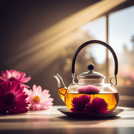 An image of a serene, sunlit room with a delicate glass teapot adorned with blooming tea flowers