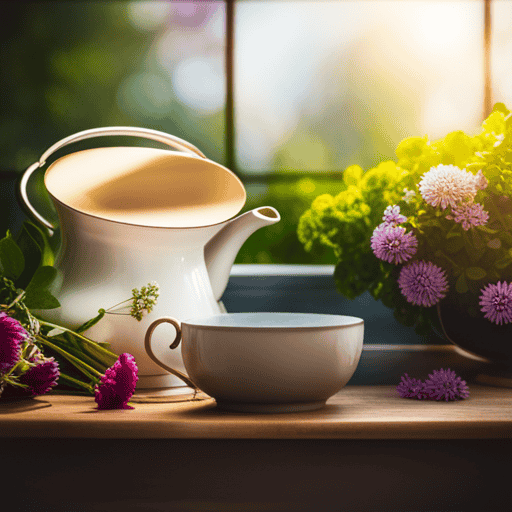 An image featuring a serene, sunlit kitchen corner with a brass teapot gently pouring a vibrant stream of steaming herbal tea into a delicate, hand-painted china cup, surrounded by freshly picked herbs and colorful flower blossoms