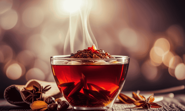 -up image showcasing a steaming cup of rich, amber-hued Vanilla Nut Rooibos tea, adorned with fragrant vanilla beans, crushed nuts, and delicate red rooibos leaves floating on the surface